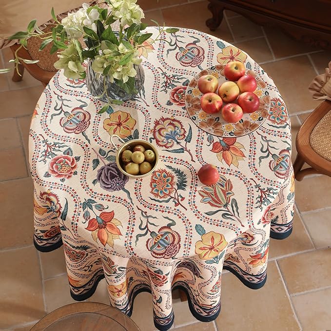 Vintage French Round Tablecloth,Linen Extra Long Tablecloth with Rose and Cornflower Pattern,Decorative Table Cover for Kitchen,Dining,Thanksgiving,Christmas,Party,Diameter 67"-Lanae