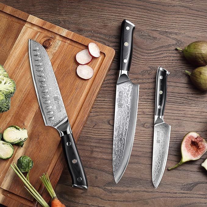 PAUDIN Damascus Knife Set 3 PCS, Japanese VG10 Steel Core, Ultra Sharp Chef Knife Set, Full Tang G10 Handle, Damascus Kitchen Knives