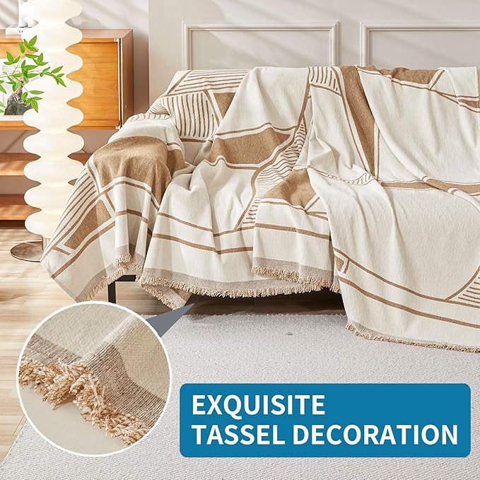 HAOMAIJIA Non Slip Couch Cover - Sofa Covers for 3 Cushion Sectional Couch - Washable Dog & Pet Furniture Protector - Living Room Blanket (Brown-Cream, 71"x134")