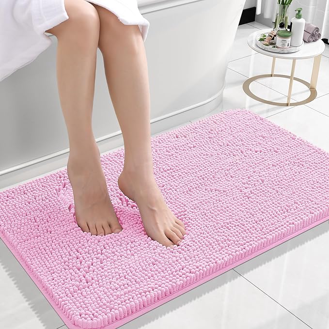 OLANLY Bathroom Rugs 24x16, Extra Soft Absorbent Chenille Bath Rugs, Rubber Backing Quick Dry, Machine Washable Bath Mats for Bathroom Floor, Tub and Shower, Home Decor Accessories, Pink