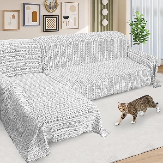 ALIECOM Boho Couch Covers for Sectional Sofa 2 Piece Thick Chenille L Shape Sectional Sofa Cover for Dogs Couch Cover Blanket Sofa Slipcovers Pet Furniture Protector Washable (XX-Large, Lines Black)