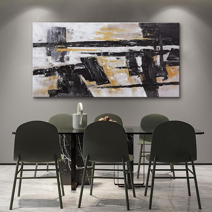 Black Abstract Wall Art Decor Grunge Room Decor Art Black Canvas Wall Decoration 24" x 48" Painting Black And Gold Artwork for Bedroom Home Office Dining Room Decoration