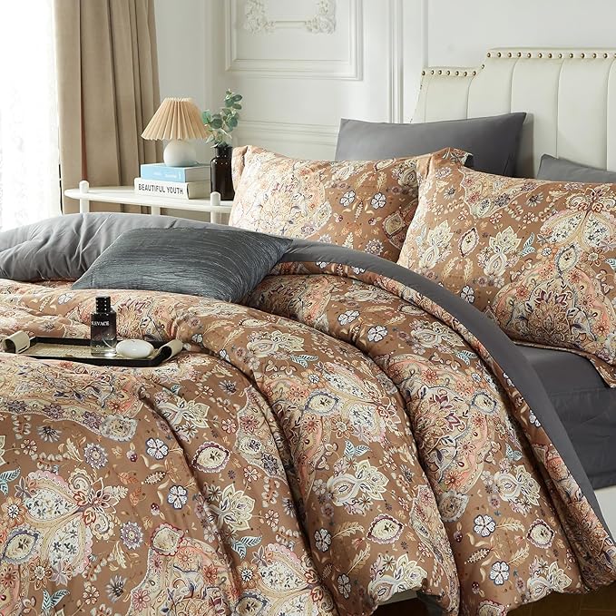 Cupocupa Duvet Cover King Size Set Boho Floral Pattern King Duvet Cover Set for King Size Bed Vintage Soft Bedding Leaf 100% Polyester Print Paisley Duvet Cover with Pillowcases