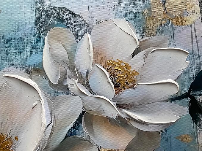 Ardemy White Floral Wall Art, Framed Teal Canvas Wall Art For Living Room Large Magnolia Pictures Wall Decor Flower Paintings Artwork for Walls Dining Room Bedroom Home Office 40"x20"