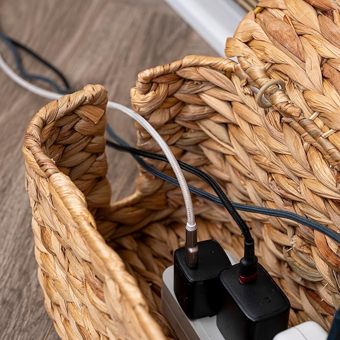 PEMAR Natural Wicker Cable Management Box, Cable Organizer, 2 Open Slots, Under Desk Cord Organizer, Cover & Hide Power Strips & Cords for TV Desk, Computer, Router, USB Hub (Natural Water Hyacinth)