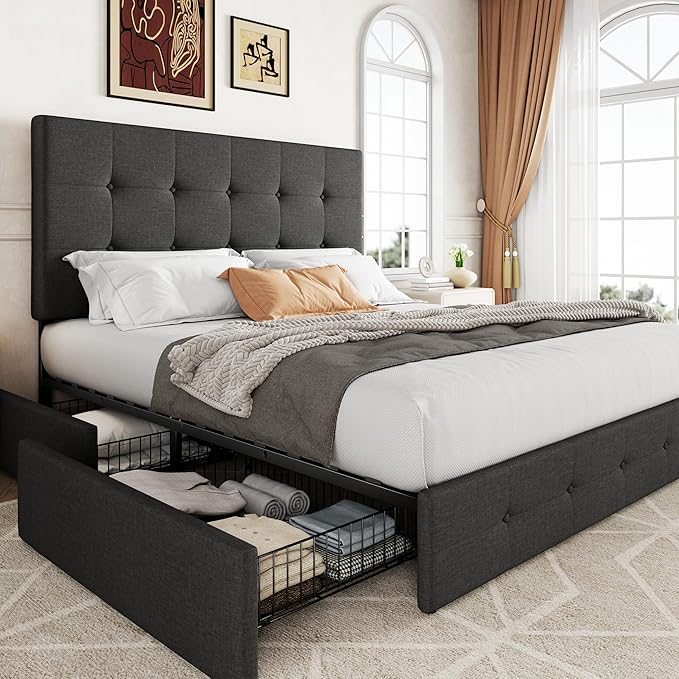 Allewie Upholstered Queen Size Platform Bed Frame with 4 Storage Drawers and Headboard, Square Stitched Button Tufted, Mattress Foundation with Wooden Slats Support, No Box Spring Needed, Dark Grey