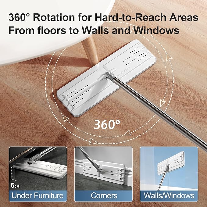 JOYMOOP Mop and Bucket with Wringer Set, Flat Squeeze Mop with Bucket (X-Large), Dust Mop for Wall Cleaner with Long Handle, Microfiber Mop - White Bucket with 5 Reusable 15" Pads