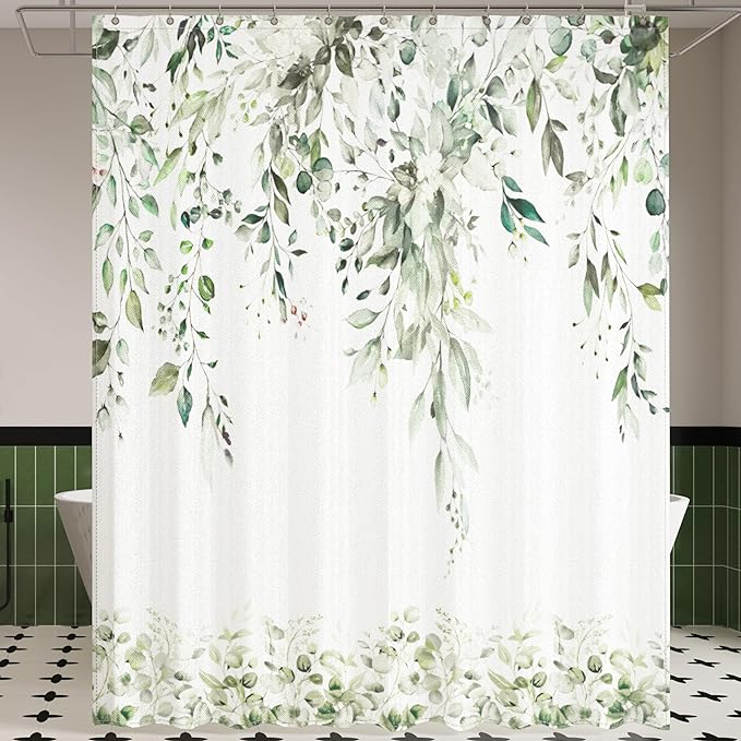 Sage Green Eucalyptus Leaves Shower Curtain for Bathroom:Aesthetic Art Watercolor Plant Shower Curtains Sets with Hooks,Waterproof Fabric Decor 72x78 inches.