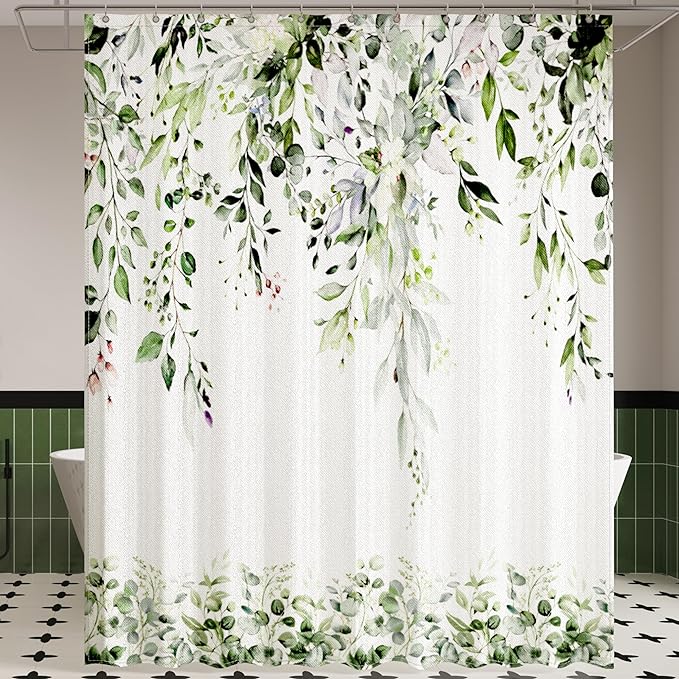Olive Green Eucalyptus Leaves Shower Curtain for Bathroom:Aesthetic Art Watercolor Plant Shower Curtains Sets with Hooks,Waterproof Fabric Decor 60x72 inches.