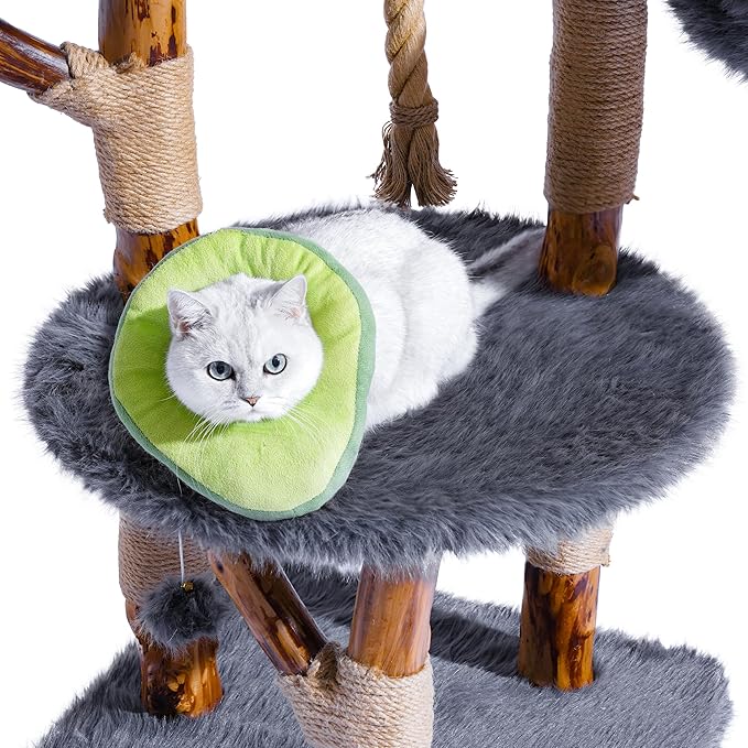 Aesthetic Cat Tree Tower for Large Cats, Large Cat Tree for Maine Coon Indoor Cats with Faux Fox Fur, Solid Wood Sisal Scratching Post, Hammock, Perches, Platform, Toy Ball