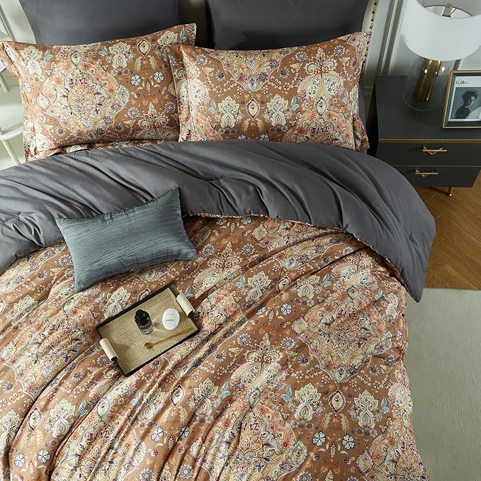 Cupocupa Duvet Cover King Size Set Boho Floral Pattern King Duvet Cover Set for King Size Bed Vintage Soft Bedding Leaf 100% Polyester Print Paisley Duvet Cover with Pillowcases