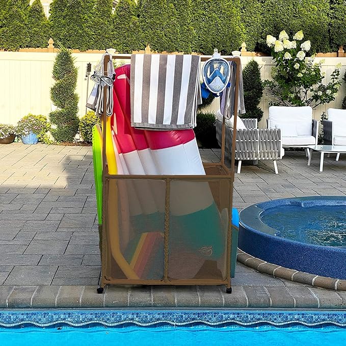 Pool Equipment Holder with Towel Drying Bars, Mesh Rolling Multi Use Storage Organizer Bin, Large Towel Hanger (25" L x 34.5" W x 62.6" H), Brown