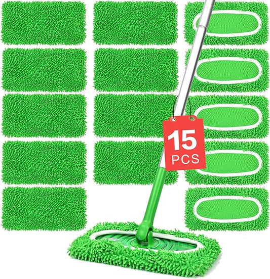 15Pcs Reusable Microfiber Mop Pads Compatible with Sweeper Mop, Replacement Wet Mopping pad Refills & Washable Dry Sweeping Cloths for Surface/Hardwood Floor Cleaning