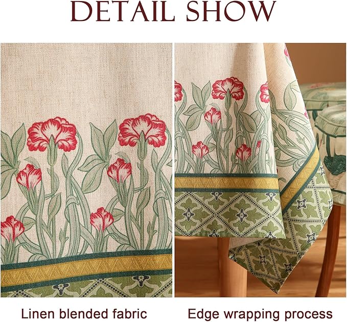 patdrea Designer Vintage Linen Rectangle Table Cloth,Floral Leaves Pattern Anti-Wrinkle Green Tablecloth,Decor Table Cover for Kitchen Dining Christmas,Party,Thanksgiving,63"x87"-Cecilia D