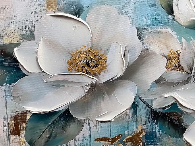Ardemy White Floral Wall Art, Framed Teal Canvas Wall Art For Living Room Large Magnolia Pictures Wall Decor Flower Paintings Artwork for Walls Dining Room Bedroom Home Office 48"x24"