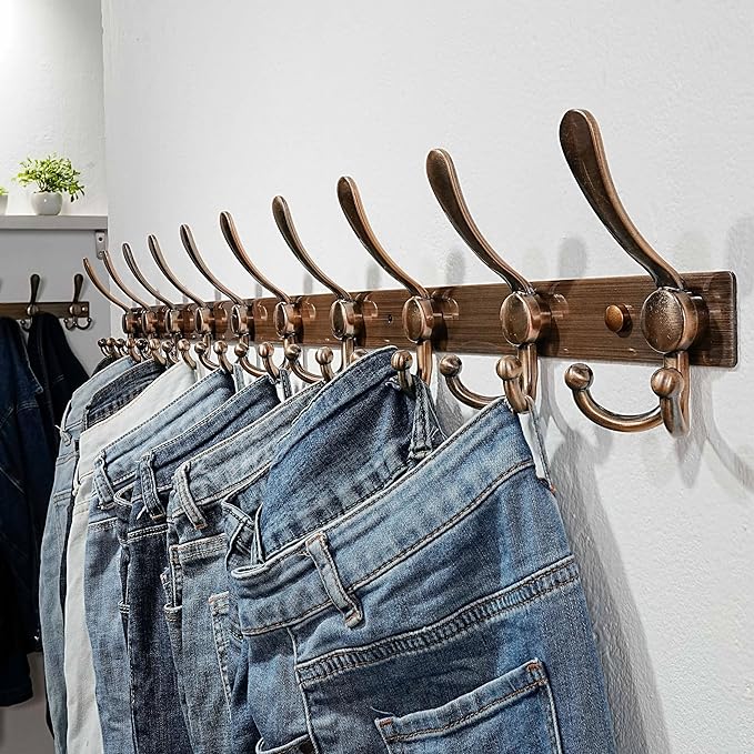 Dseap MaxStrong 2.0 Coat Rack Wall - 37” Long 10 Tri Hooks - Ultra Heavy-Duty Stainless Steel Wall Mount Coat Hanger, Hook Rail for Clothes Hats Jacket Towels Antique Copper