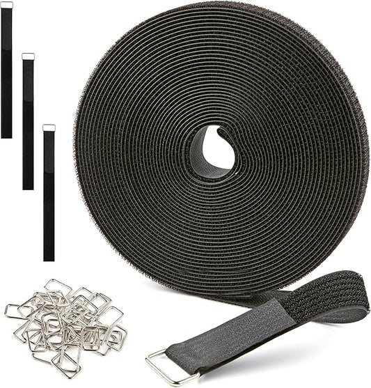 1" x 30ft Reusable Cable Straps Roll with 40 Metal Buckles Adjustable Cut-to-Length Nylon Cable Ties and Fastening Straps for Organizing and Storage Black