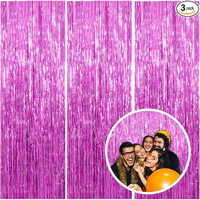 3 Pack Hot Pink Backdrop Curtain Birthday Party Decorations Tinsel Streamers Foil Fringe Backdrop New Years Bachelorette Graduation Engagement Party Decorations Hot Pink Photo Booth Backdrop