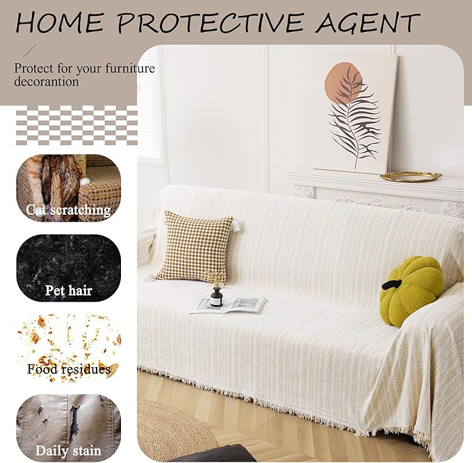 ALIECOM Boho Couch Covers for Sectional Sofa 2 Piece Thick Chenille L Shape Sectional Sofa Cover for Dogs Couch Cover Blanket Sofa Slipcovers Pet Furniture Protector Washable (XX-Large, Lines Khaki)