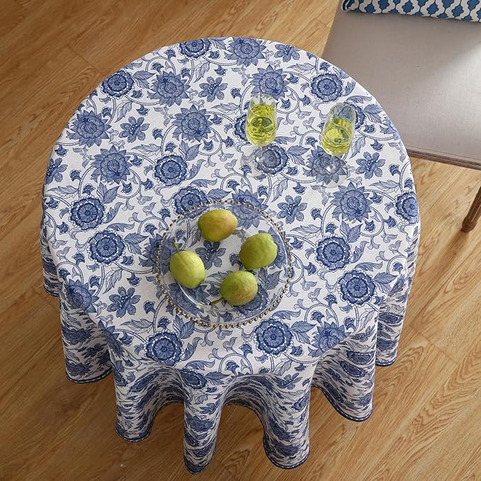 patdrea Designer Vintage French Round Table Cloth,Linen Durable Blue Paisley Pattern Tablecloth,Decoration Floral Cover for Kitchen Dining Christmas,Thanksgiving,Diameter 67"-Lantang a