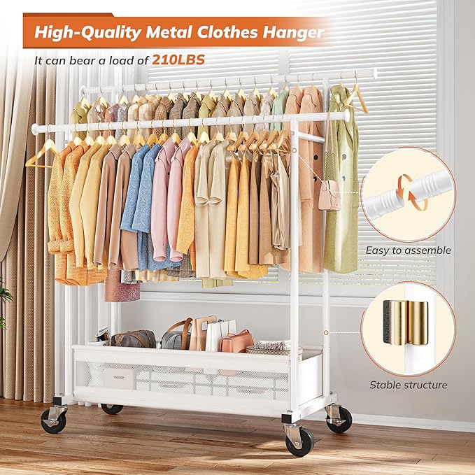 Clothes Rack, Double Rod Clothing Rack with Storage Bag & Sturdy Wheels, Metal Garment Rack for Closet Organizers and Storage, 43.3" W×17.7" D×63" H
