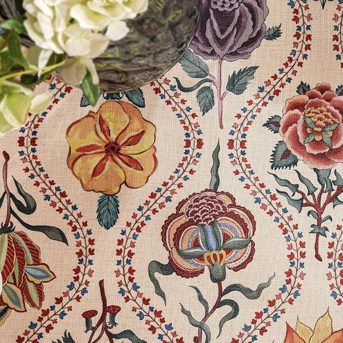 Vintage French Round Tablecloth,Linen Extra Long Tablecloth with Rose and Cornflower Pattern,Decorative Table Cover for Kitchen,Dining,Thanksgiving,Christmas,Party,Diameter 55"-Lanae