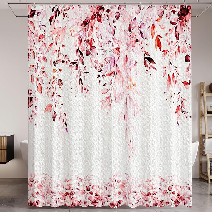 Pink Eucalyptus Leaves Shower Curtain for Bathroom:Aesthetic Art Watercolor Plant Shower Curtains Sets with Hooks,Waterproof Fabric Decor 60x72 inches.
