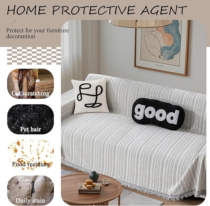 ALIECOM Boho Couch Covers for Sectional Sofa 2 Piece Thick Chenille L Shape Sectional Sofa Cover for Dogs Couch Cover Blanket Sofa Slipcovers Pet Furniture Protector Washable (X-Large, Lines Black)