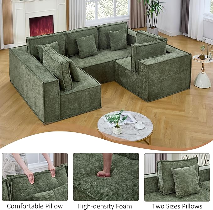 108'' Boneless Chenille U Shaped Couch, Oversized Modular Sectional 5 Seater Sofa, Modern Deep Seat Corner Cloud Compressed Couch, No Assembly Sleeper Sofa with Chaise for Living Room, Green