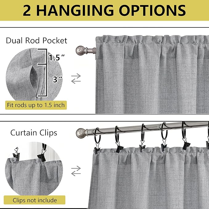 Grey Kitchen Curtains 36 Inch Length 2 Panels, Light Filtering Farmhouse Faux Linen Textured Short Curtains for Windows, Small Curtain Tier for Cafe Cabinet Bathroom RV Camper, 30Wx36L Inch