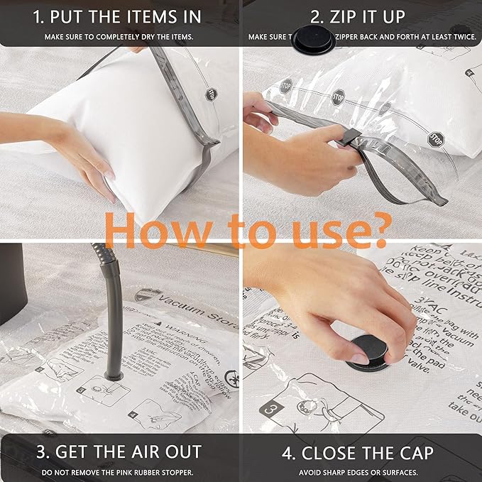 8 Small Vacuum Storage Seal Bags, Space Saver Bags with Travel Hand Pump, Compression Airtight Sealer Bags for Clothes, Bedding, Pillows, Comforters, Blankets