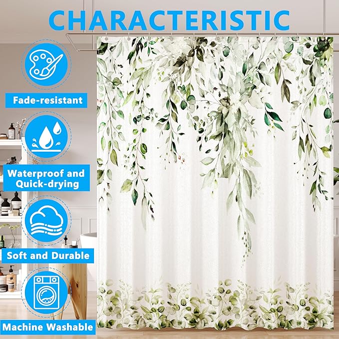 Olive Green Eucalyptus Leaves Shower Curtain for Bathroom:Aesthetic Art Watercolor Plant Shower Curtains Sets with Hooks,Waterproof Fabric Decor 60x72 inches.