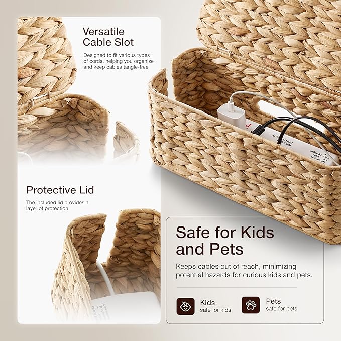 Wicker Cable Management Box with Lid - 15 inch Cable Organizer Box and Power Strip Box for Electrical Cord Management - Desk Cord Hider and Floor Cable Management for Office (Natural Color, 1)