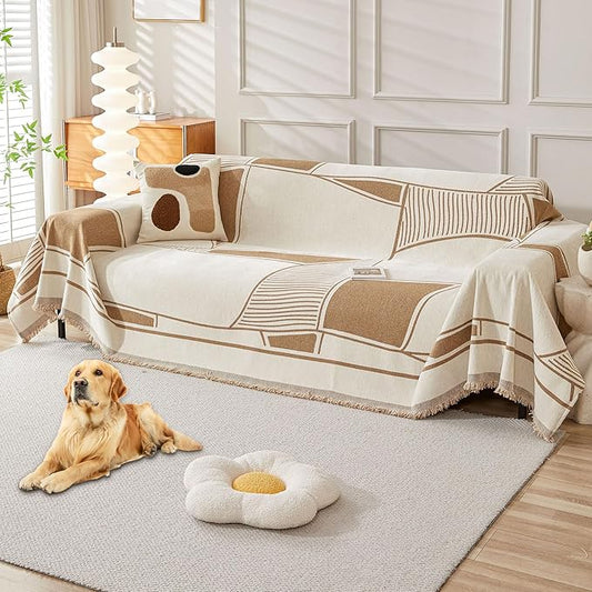 HAOMAIJIA Non Slip Couch Cover - Sofa Covers for 3 Cushion Sectional Couch - Washable Dog & Pet Furniture Protector - Living Room Blanket (Brown-Cream, 71"x134")