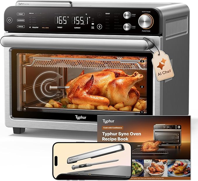 Typhur Sync Oven with Smart Wireless Meat Thermometer Probe, 12‑in‑1 Countertop Air Fryer Toaster Oven Combo, 360° Turbo Convection, Dehydrator, Recipes & 5 Accessories, Large 27QT, Stainless Steel