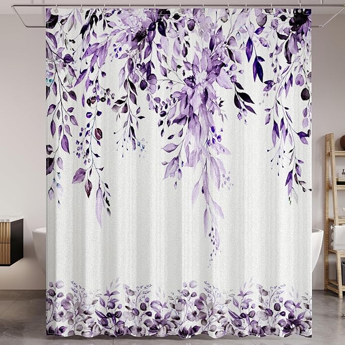 Purple Eucalyptus Leaves Shower Curtain for Bathroom:Aesthetic Art Watercolor Plant Shower Curtains Sets with Hooks,Waterproof Fabric Decor 72x78 inches.