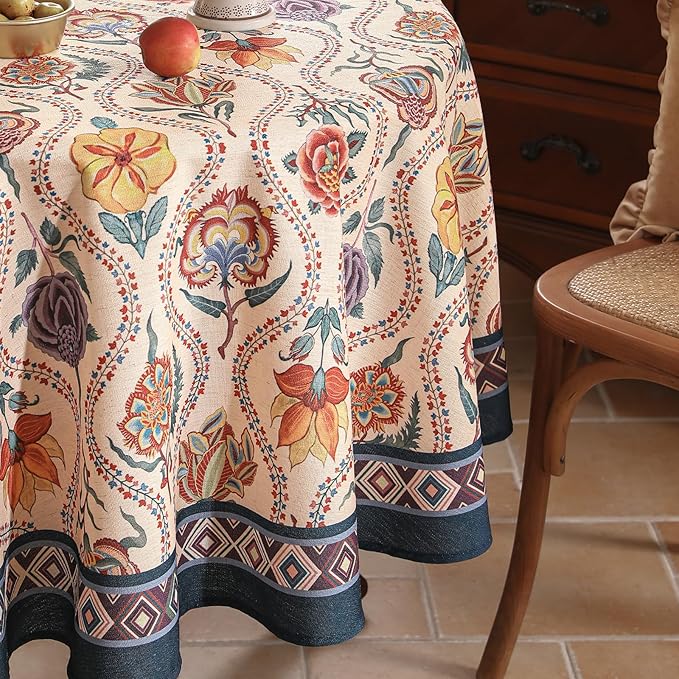 Vintage French Round Tablecloth,Linen Extra Long Tablecloth with Rose and Cornflower Pattern,Decorative Table Cover for Kitchen,Dining,Thanksgiving,Christmas,Party,Diameter 55"-Lanae
