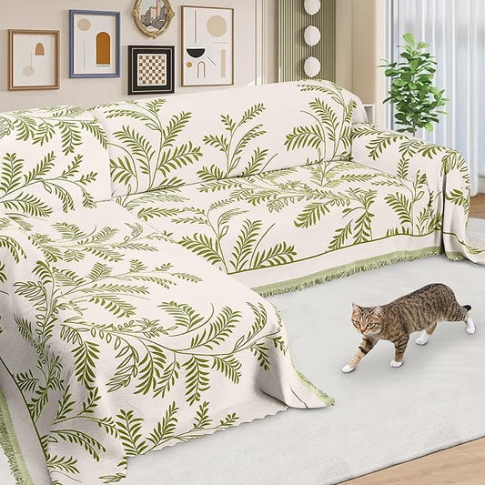 ALIECOM Boho Couch Covers for Sectional Sofa 2 Piece Thick Chenille L Shape Sofa Cover Washable Reversible Couch Cover Blanket Sofa Slipcovers Pet Dog Furniture Protector (XX-Large, Leaves Green)