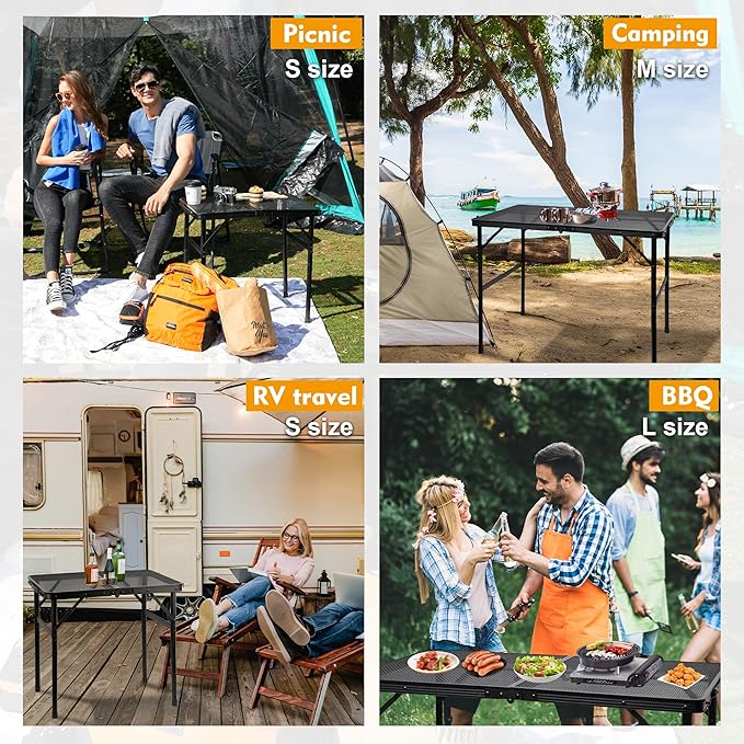 Camping Table with Mesh Desktop, Lightweight & Portable Small Folding Grill Table, Height Adjustable Metal Outdoor Table for Camp, Cooking, BBQ, RV, Picnic-2 FT Black