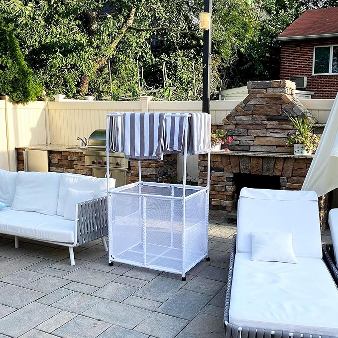 Pool Equipment Holder with Towel Drying Bars, Mesh Rolling Multi Use Storage Organizer Bin, Large Towel Hanger (25" L x 34.5" W x 62.6" H), White