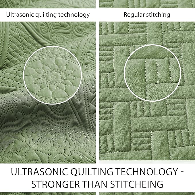 IR Imperial Rooms Queen Quilt Bedding Set Size (90" x 96") + 2 Pillow Shams (20" x 26"+ 2") - 3 Pcs All Season Lightweight Reversible Microfiber Coverlet Floral Embossed Quilt Bedspread (Olive Green)