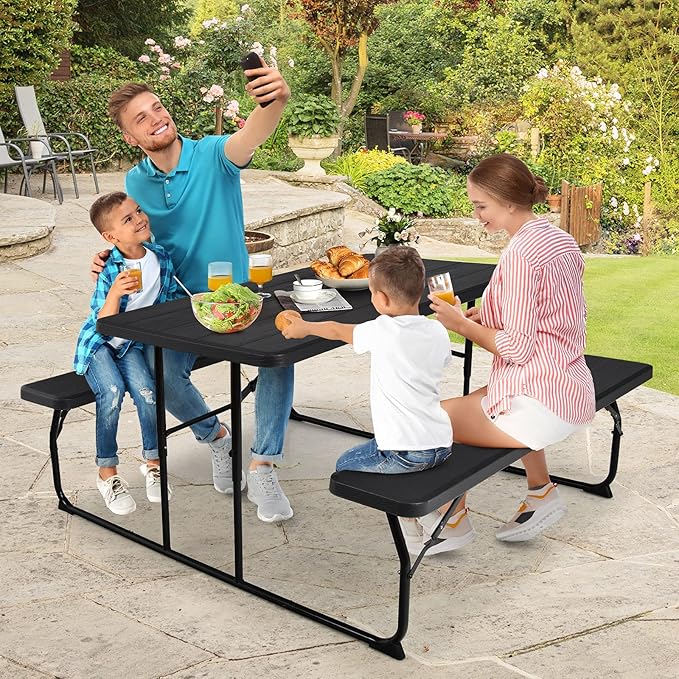 GYMAX Picnic Table, 550 LBS Folding Picnic Tables with Benches & Seats, Weather-Resistant Easy Setup Portable Picnic Table, Wood-Like Foldable Picnic Tables for Outdoors Patio Deck Party BBQ (Black)