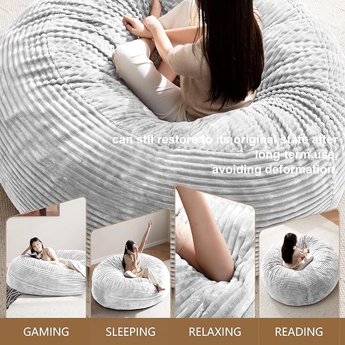 Bean Bag Chair for Adults, Floor Bean Bags Offers Ample Space for Adults,Memory Foam Giant Bean Bags,Lounger Versatile Design Suits Any Room,Movie Nights,Reading (Striped White, 5FT)