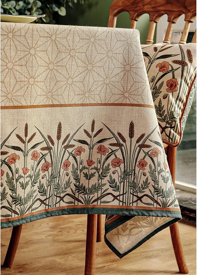 patdrea Designer Linen Vintage Table Cloth for Rectangle Table,Light Brown Durable French Floral Tablecloth,Decor Cover for Kitchen Dining,Christmas,Thanksgiving,Tea Party,55"x87"-Cudillero