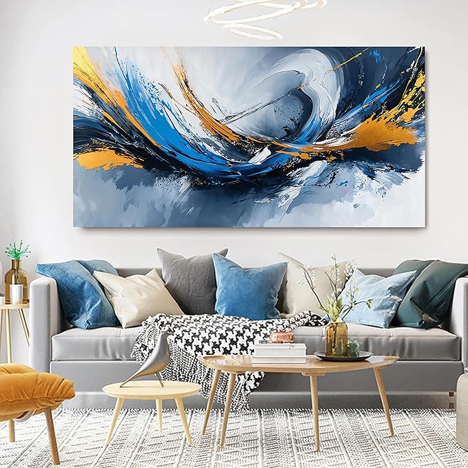 Canvas Oversized Wall Art Decor Modern Abstract Aesthetics Wall Art For Living Room Decorations Artwork For Walls Gold And Blue Abstract Art Wall Decorations For Bedroom Office Wall Decor 29×58 Inch