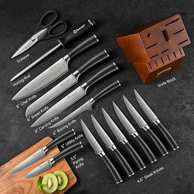 Sunnecko Knife Set with Block and Sharpener, 15 PCS Kitchen Knife Block Set Sharp Kitchen Knives High Carbon Stainless Steel with Black Handles
