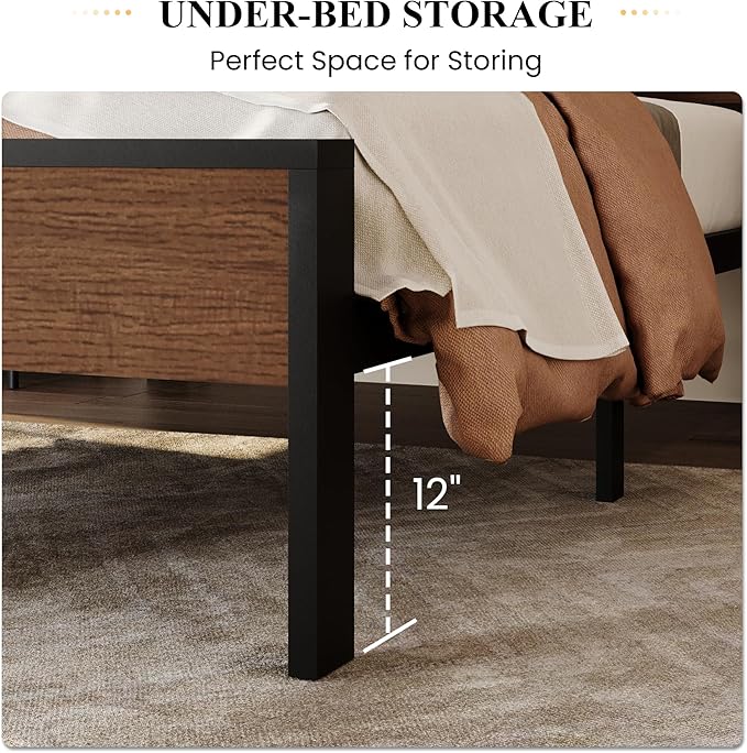 SHA CERLIN 14 Inch Twin Size Metal Platform Bed Frame with Wooden Headboard and Footboard, Mattress Foundation, No Box Spring Needed, Large Under Bed Storage, Heavy Duty Slats Support, Walnut