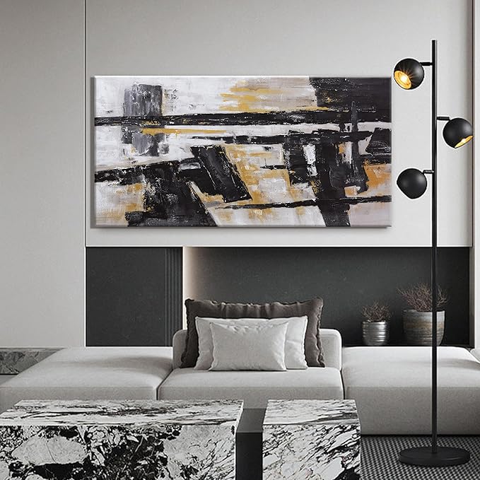 Black Abstract Wall Art Decor Grunge Room Decor Art Black Canvas Wall Decoration 24" x 48" Painting Black And Gold Artwork for Bedroom Home Office Dining Room Decoration