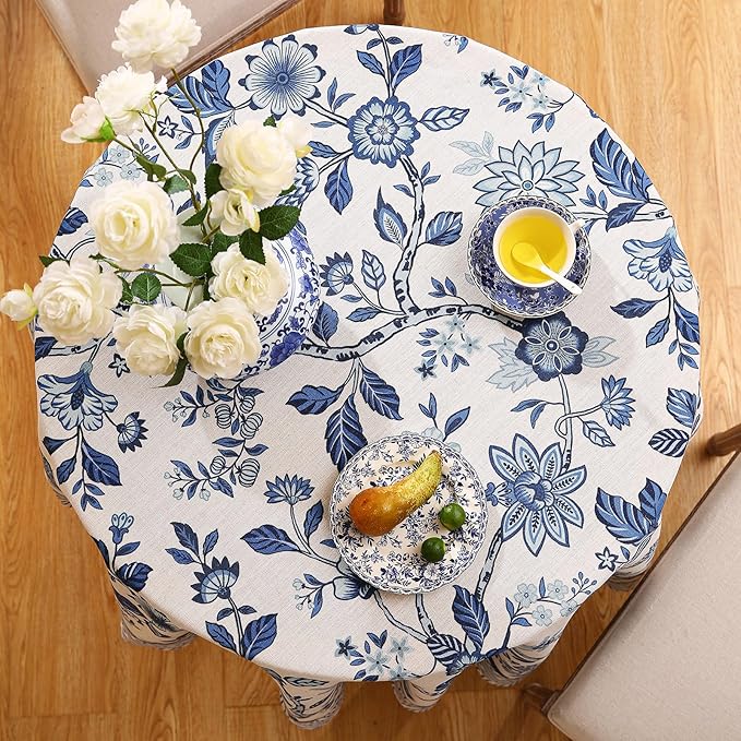 Vintage French Linen Round Tablecloth,Blue and White Floral Wrinkle Free Tablecloths,Decorative Table Cover for Kitchen,Dining,Tea Party,Thanksgiving,Christmas,Diameter 67"-Suqing