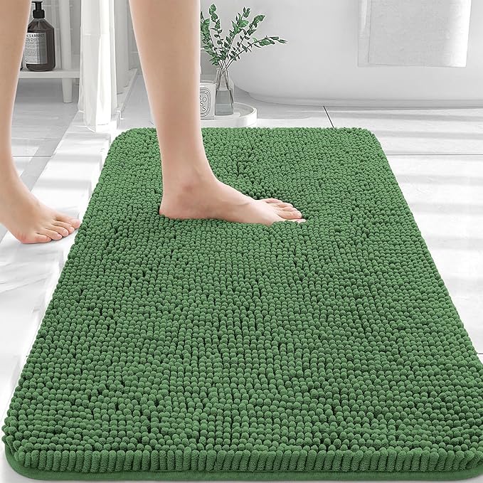 OLANLY Bathroom Rugs 30x20, Extra Soft Absorbent Chenille Bath Rugs, Rubber Backing Quick Dry, Machine Washable Bath Mats for Bathroom Floor, Tub and Shower, Home Decor Accessories, Olive Green